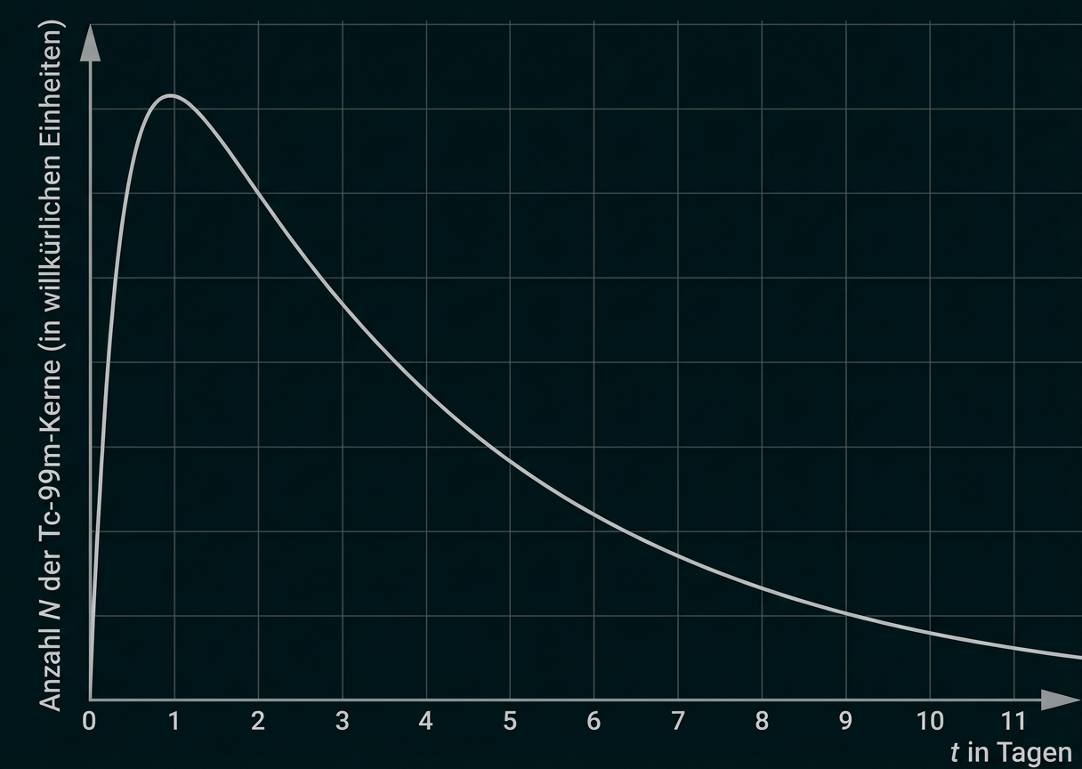 Graph der Anzahl N der Tc-99m-Kerne über die Zeit in Tagen.